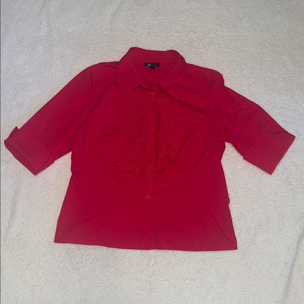 AB Studio Vibrant Pink Button Down Shirt with ruffle detail on front ,size XL
